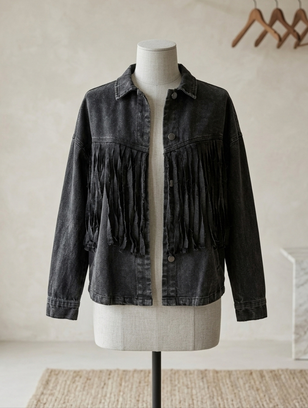 NWT Heyson Black Washed Fringe Jean Jacket Small